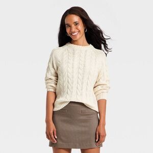 A New Day - Women's Round Neck Cable Sweater - A New Day Cream Cream